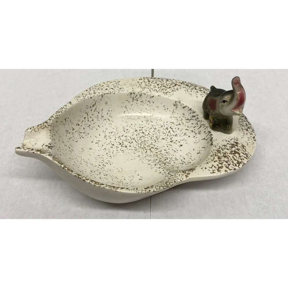 Vtg Ashtray Dish Whimsical Elephant Figurine White W/ Gold specks 6.5 x 4.5